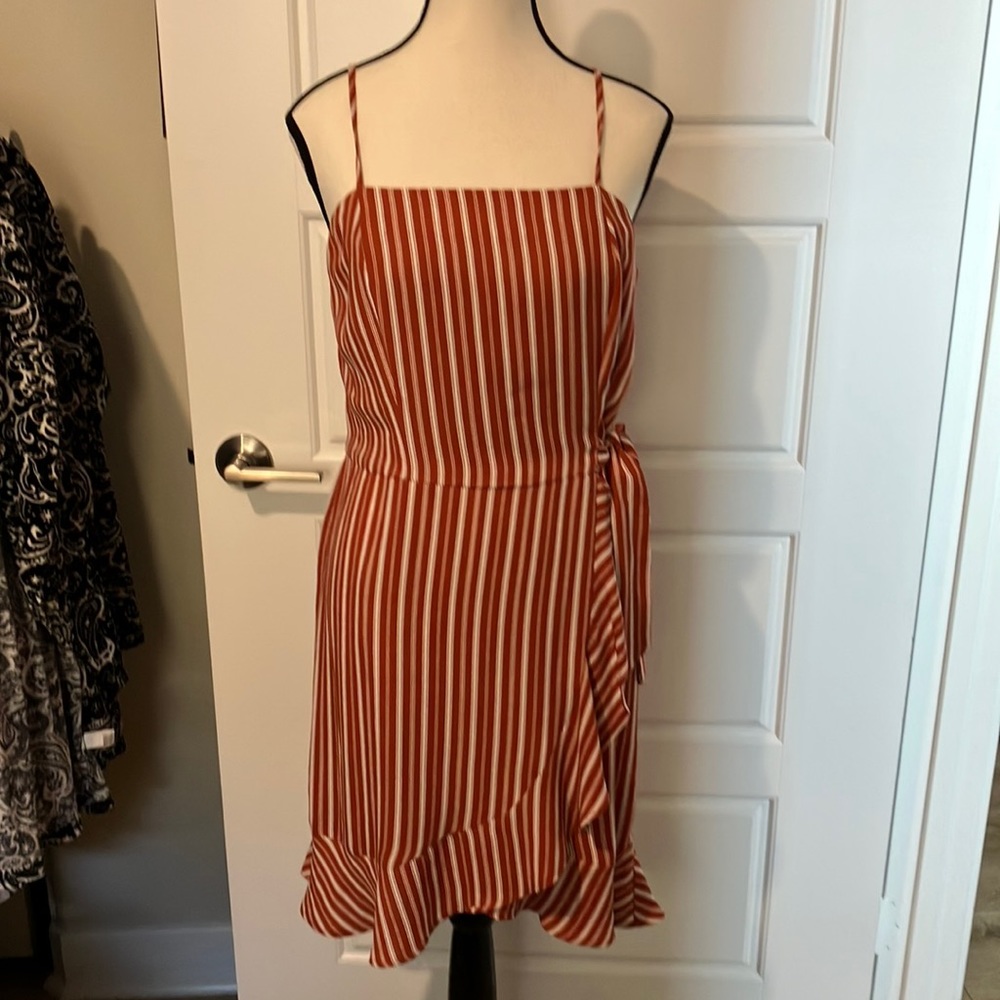 XHILARATION rust & WHITE Striped wrap dress with spaghetti straps smocked back